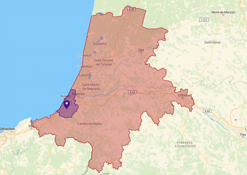 Carte 2 Zones Ostéopathe animalier au pays basque